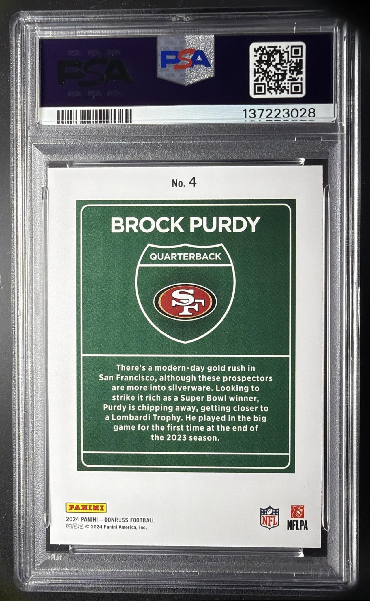 2024 Panini Donruss Brock Purdy #4 Downtown SSP PSA 9