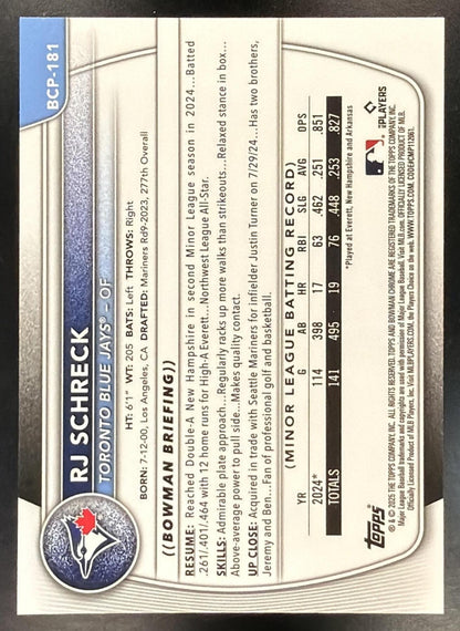 2025 Bowman Chrome Sapphire RJ Schreck #BCP-181 Orange Refractor 7/25 1st Prospect