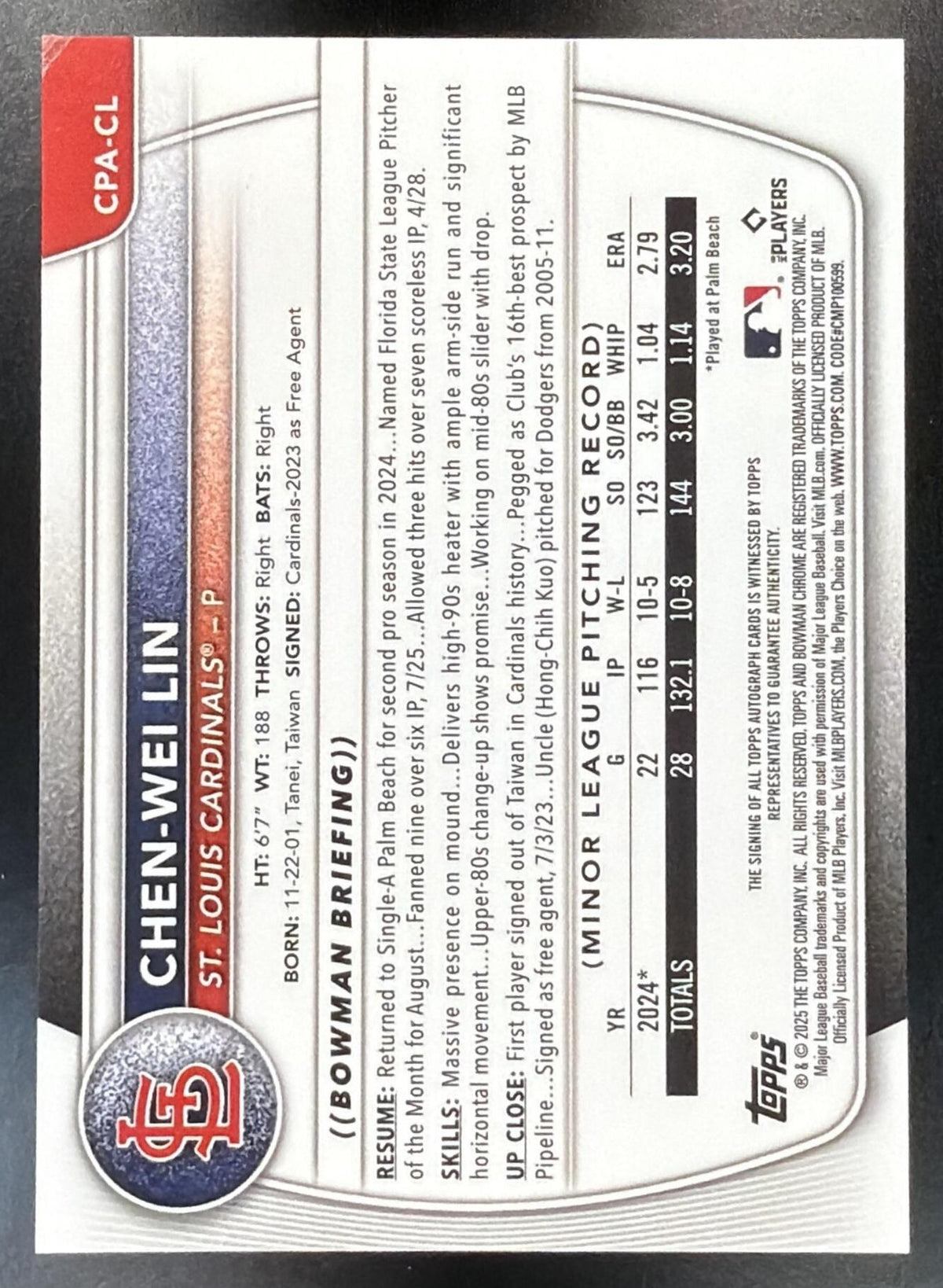 2025 Bowman Chen-Wei Lin #CPA-CL Chrome Auto Blue Refractor 014/150 1st