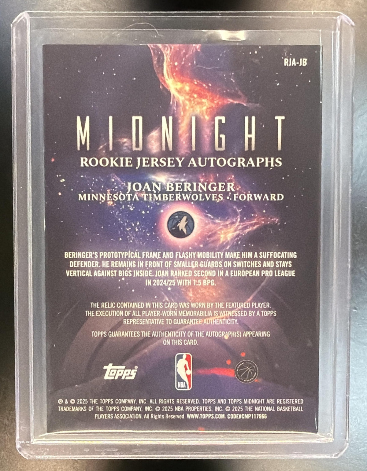 2025-26 Topps Midnight NBA Joan Beringer #RJA-JB 25/75 Rookie Patch Auto Timberwolves