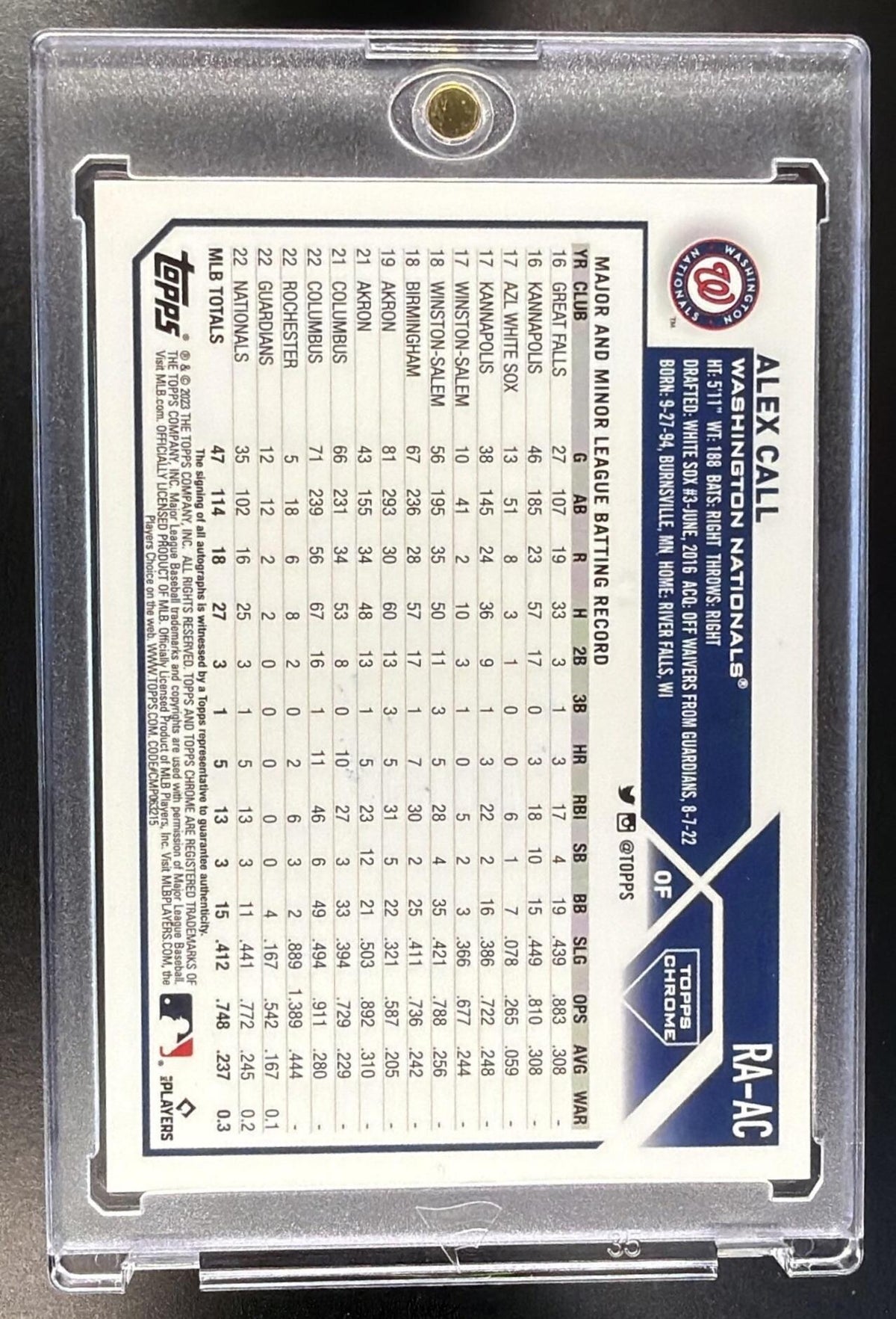 2023 Topps Chrome Alex Call #RA-AC Rookie Auto Black & White Mini Diamond Refractor RC