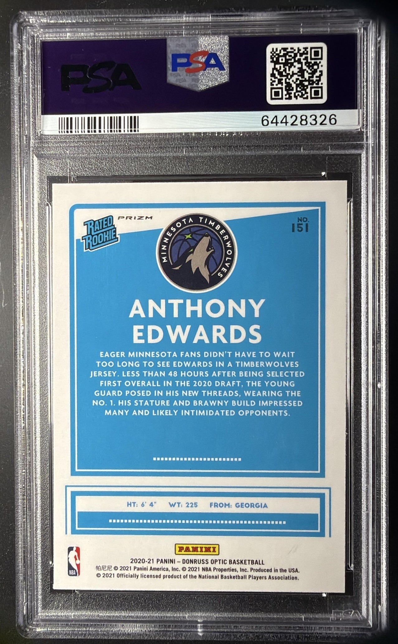 2020-21 Panini Donruss Optic Anthony Edwards #151 Holo Prizm RC PSA 8