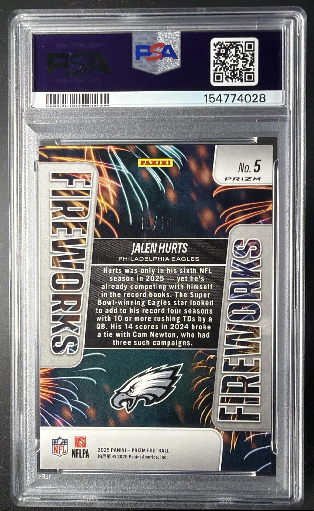 2025 Panini Prizm Jalen Hurts #5 Fireworks Gold 10/10 PSA 9