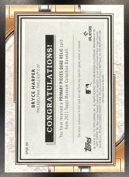 2021 Topps Museum Collection Bryce Harper #SPQR-BH Single-Player Primary Pieces Quad Relics Gold 23/25 MEM