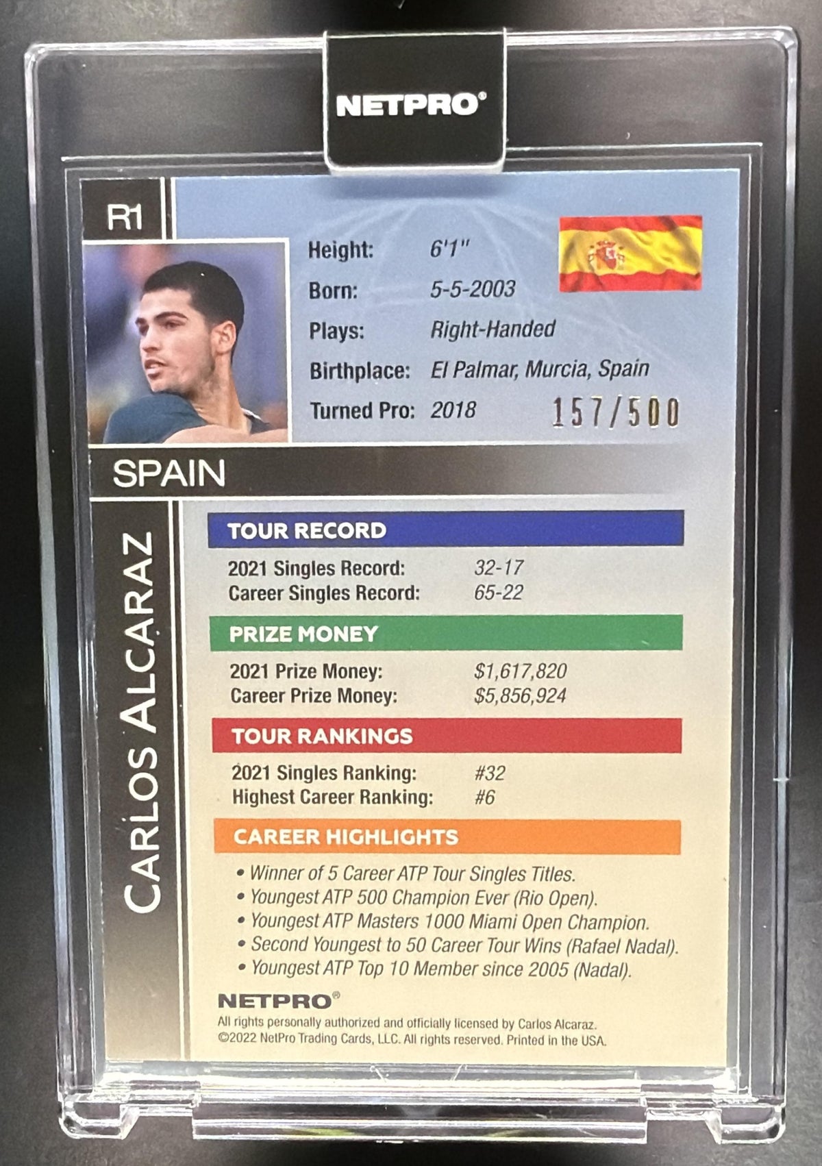 2022 Netpro Carlos Alcaraz Rookie /500 Rookie