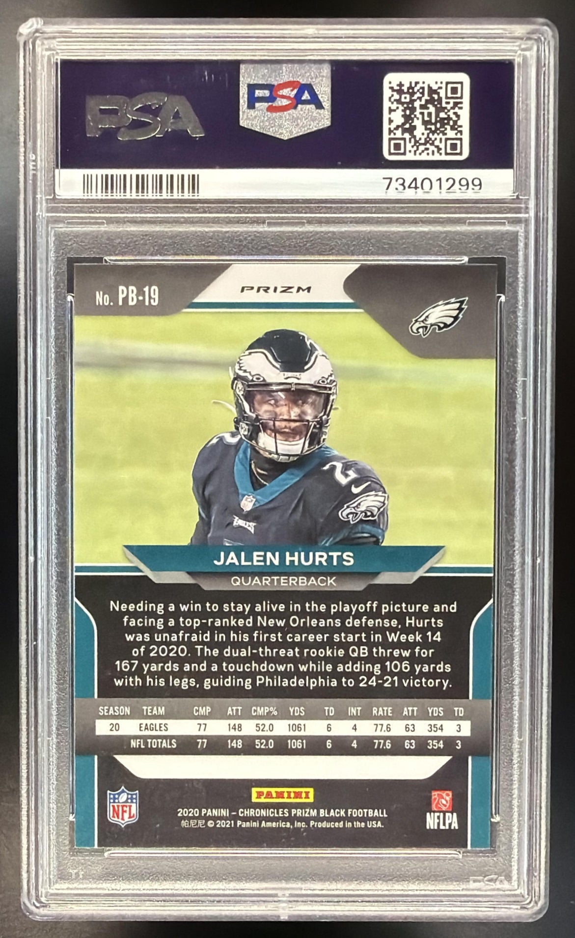 2020 Panini Chronicles Jalen Hurts #PB-19 Prizm Black Silver RC PSA 10 Eagles