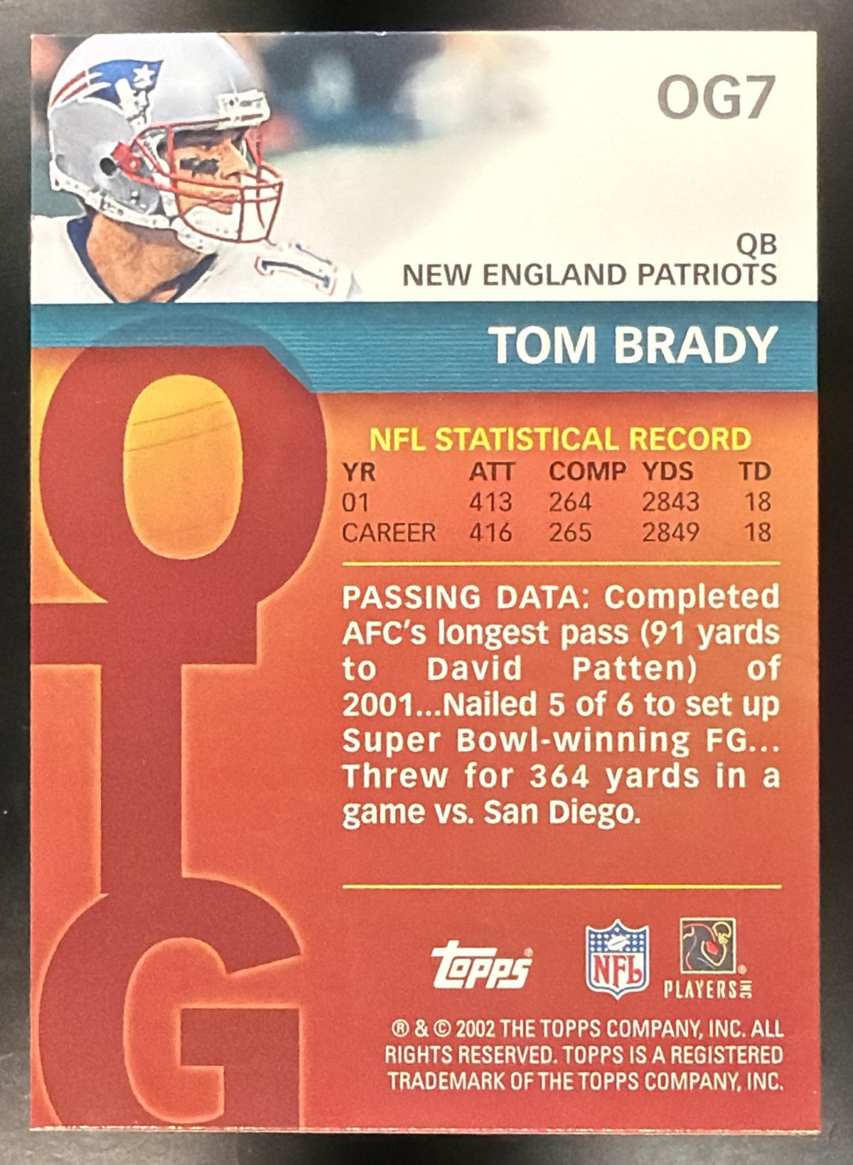 2002 Topps Tom Brady #OG7 Own the Game