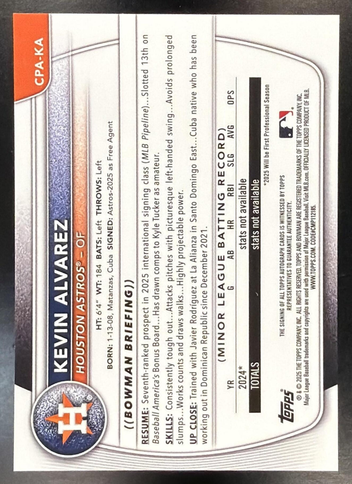 2025 Bowman Chrome Kevin Alvarez #CPA-KA Auto 1st Prospect