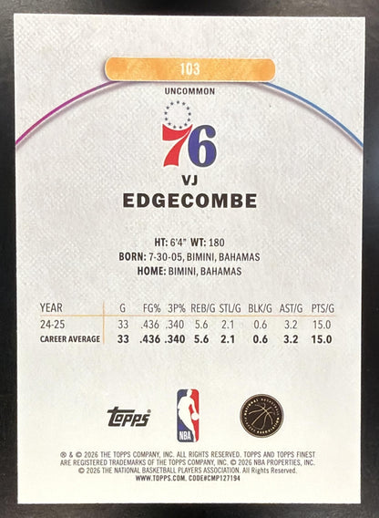 2025-26 Topps Finest VJ Edgecombe #103 Uncommon Oil Spill RC
