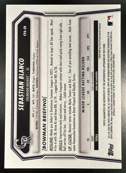 2026 Bowman Chrome Sebastian Blanco #CPA-SB Auto Packfractor Variation 72/89 1st
