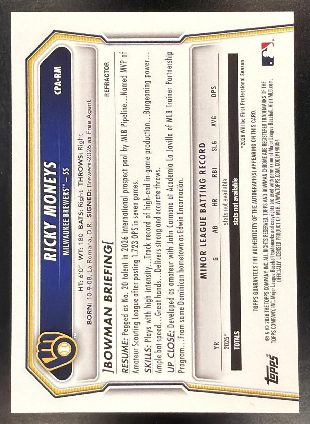 2026 Bowman Chrome Baseball Ricky Moneys #CPA-RM Refractor Auto 489/499