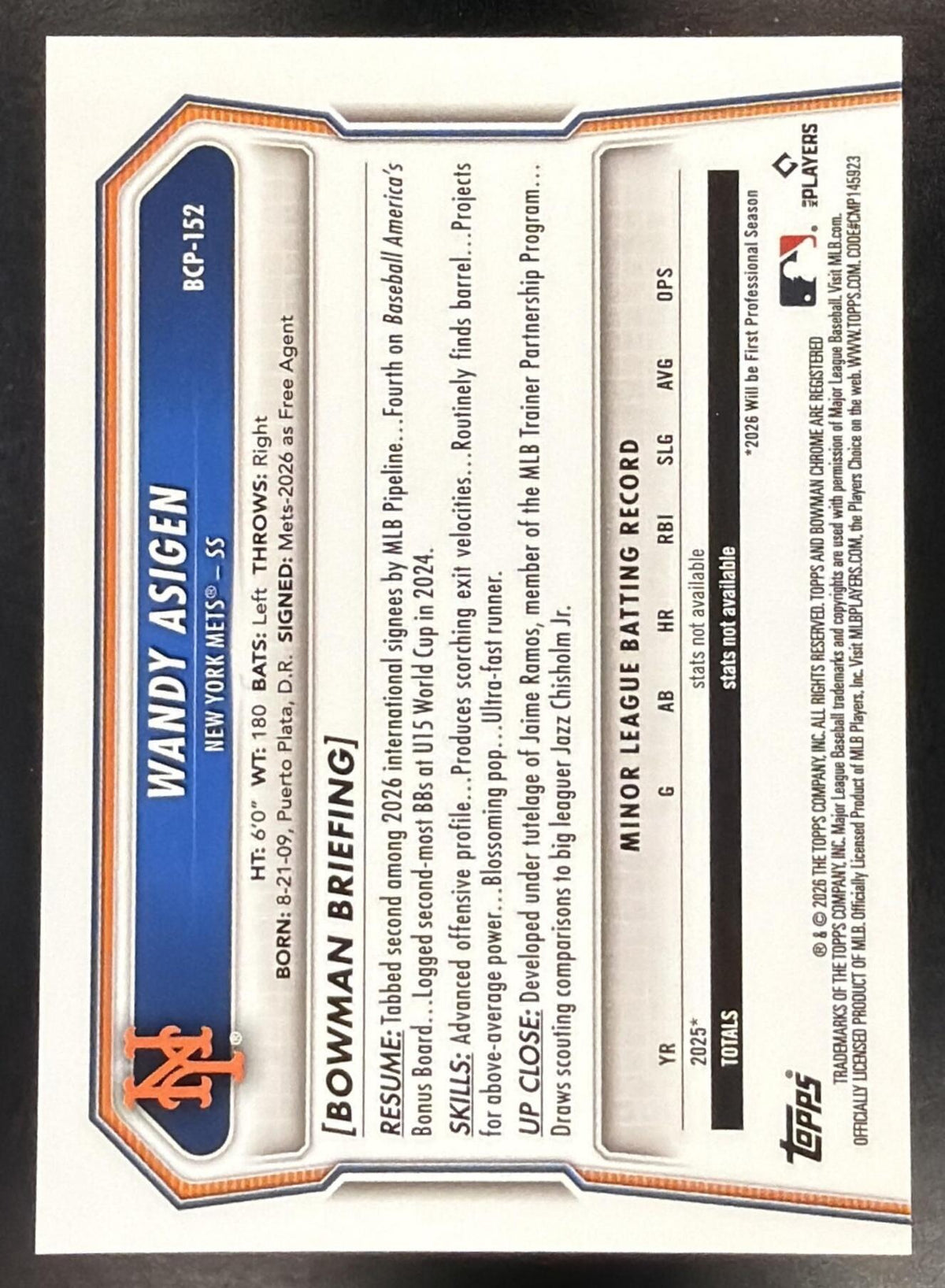 2026 Bowman Chrome Baseball Wandy Asigen 1st Gold Geometric 29/50