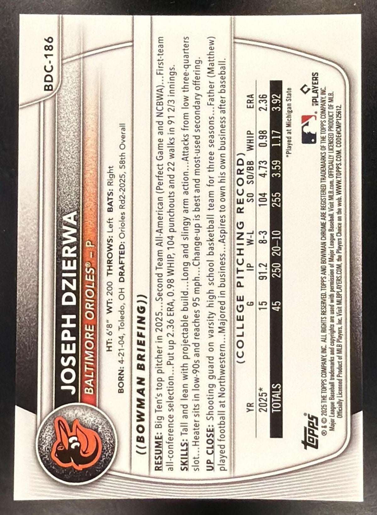 2025 Bowman Sapphire Baseball Joseph Dzierwa #BDC-186 1st Gold 20/50