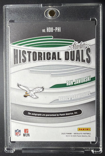 2025 Panini Absolute Ron Jaworski Harold Carmichael #HDU-PHI Dual Orange /50 Auto