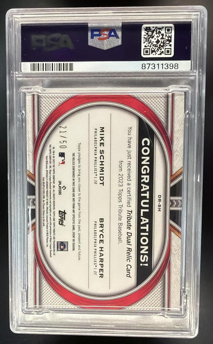 2023 Topps Tribute Mike Schmidt Bryce Harper #DR-SH Dual Relics 2 Player Purple /50 MEM PSA 9