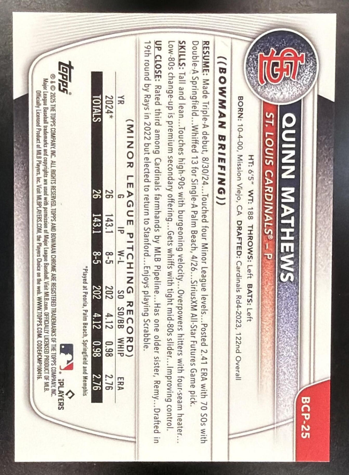 2025 Bowman Quinn Mathews #BCP-25 Chrome Bubble Gum Refractor 1st Prospect