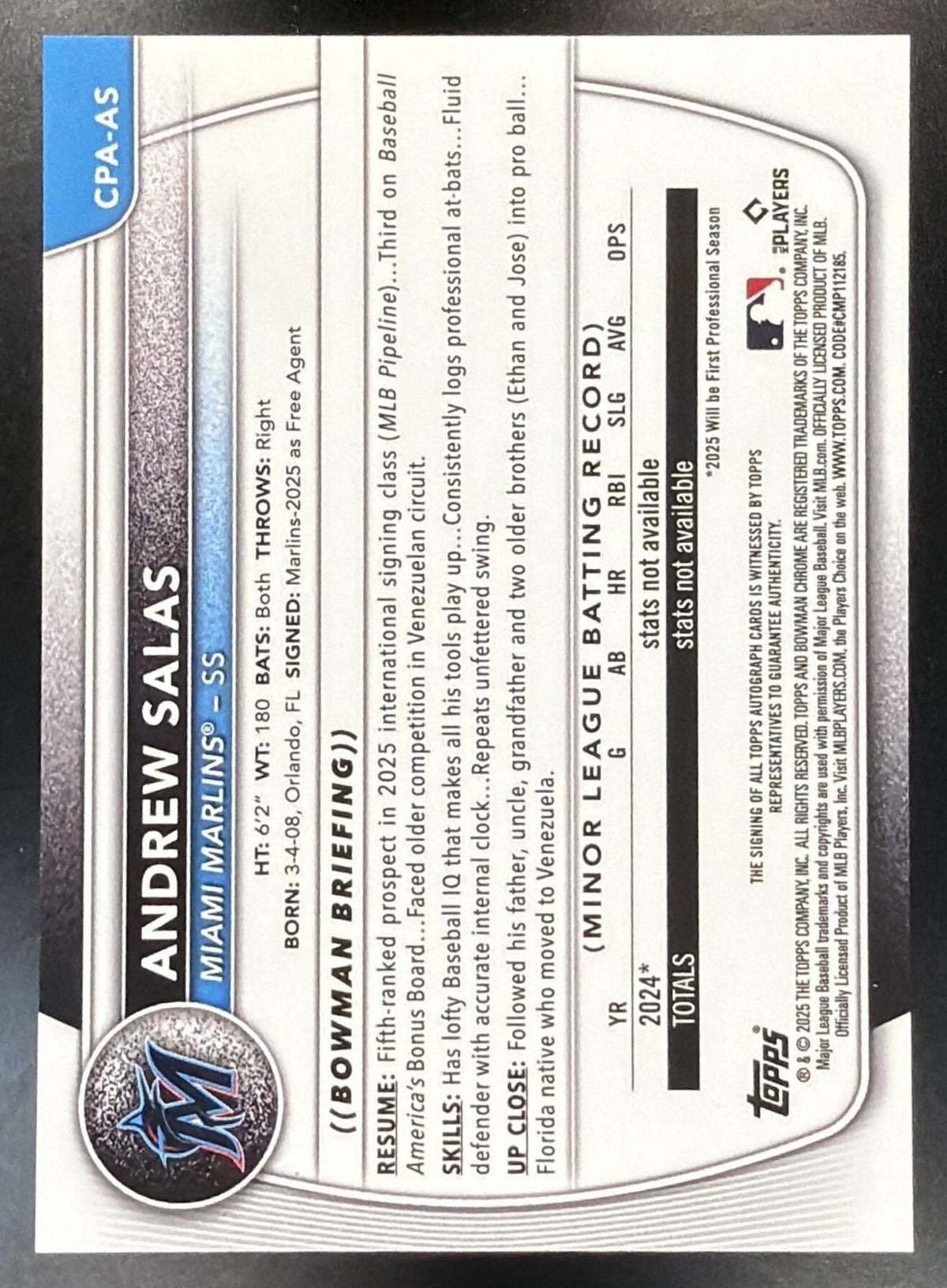 2025 Bowman Chrome Andrew Salas #CPA-AS Auto Blue Refractor 044/150 1st