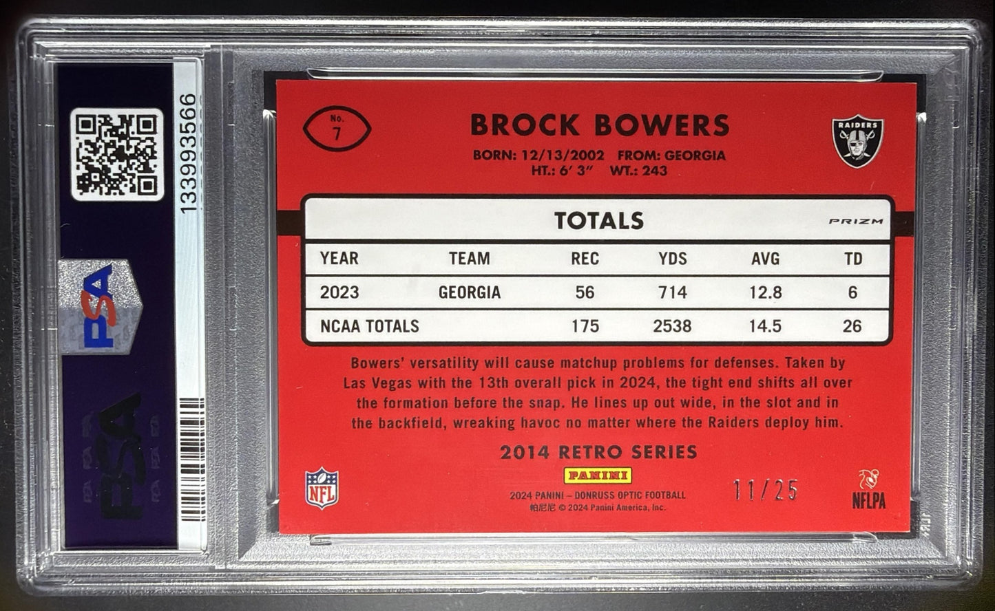 2024 Panini Donruss Optic Brock Bowers #7 2014 Retro Series Black Pandora /25 Rookie PSA 9