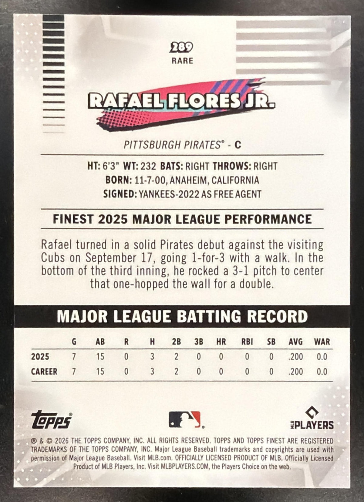 2026 Topps Finest Rafael Flores Jr. #289 Rare Black X-Fractor 10/10 RC