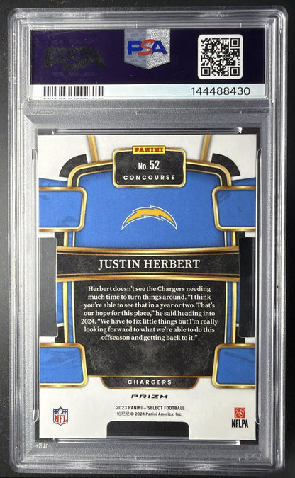 2023 Panini Select Justin Herbert #52 Zebra Prizm SSP Concourse PSA 10