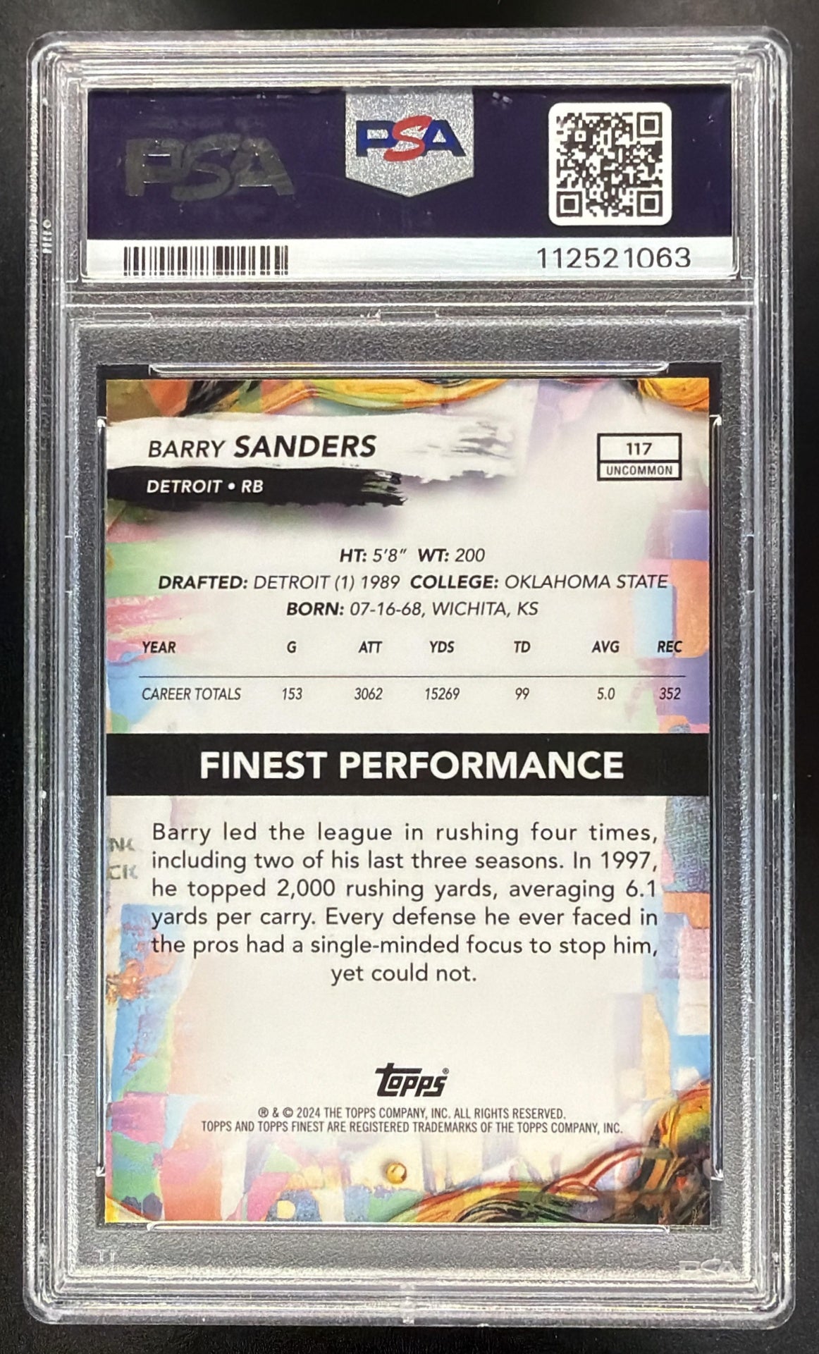 2024 Topps Finest Barry Sanders #117 Sky Blue Refractor 38/250 Uncommon PSA 10