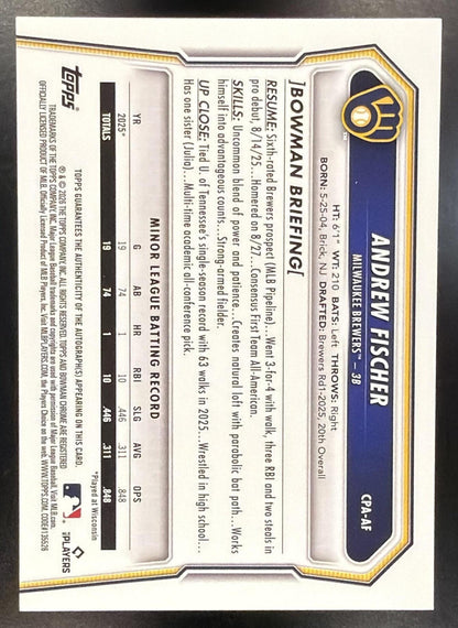 2026 Bowman Andrew Fischer #CPA-AF Chrome Auto 1st Prospect
