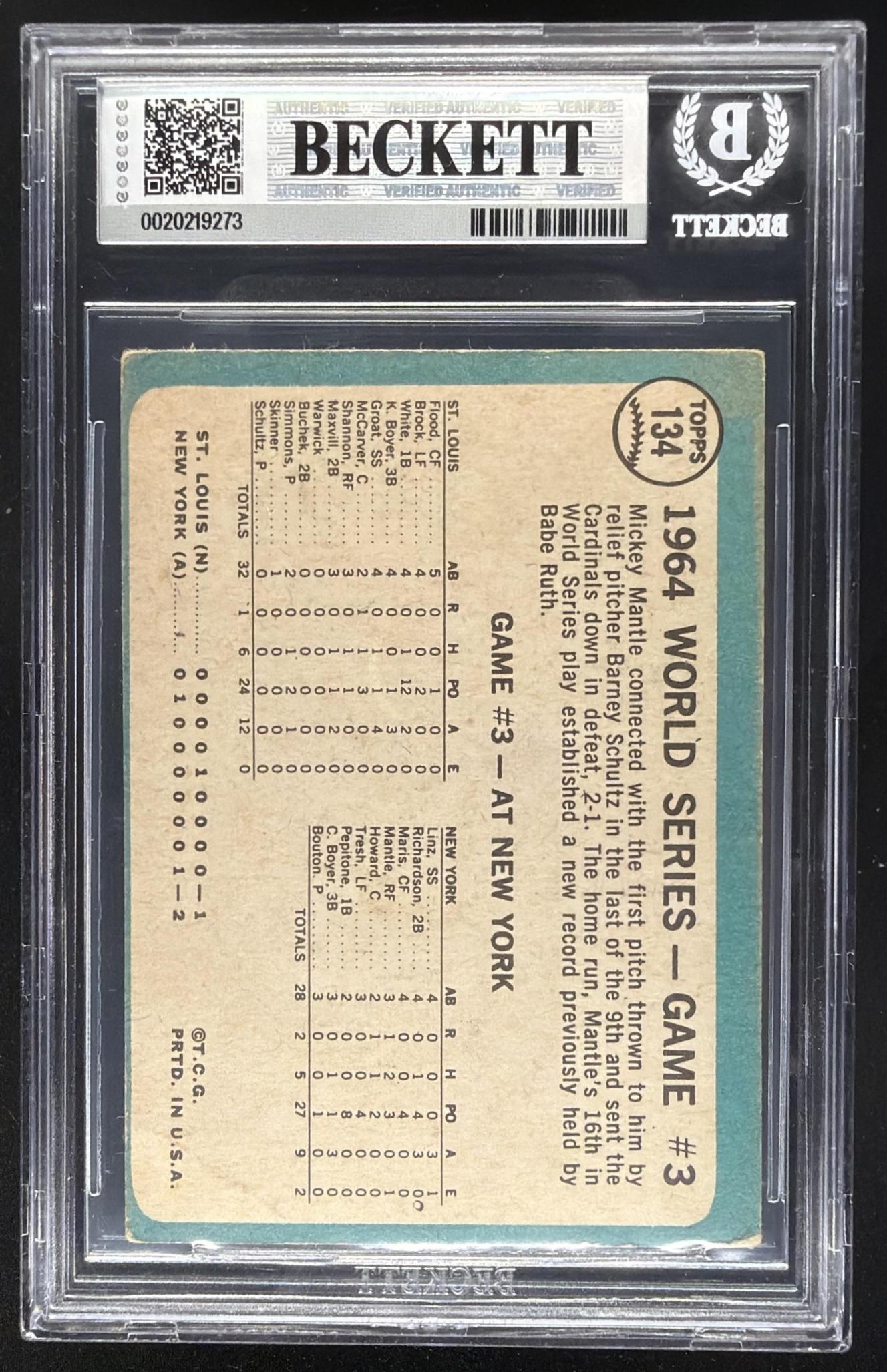 1965 Topps World Series Game #3 Mantle Clutch HR #134 BGS 3
