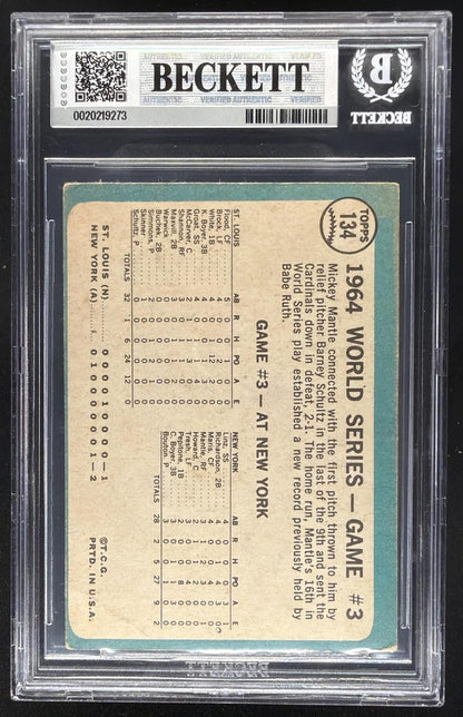 1965 Topps World Series Game #3 Mantle Clutch HR #134 BGS 3