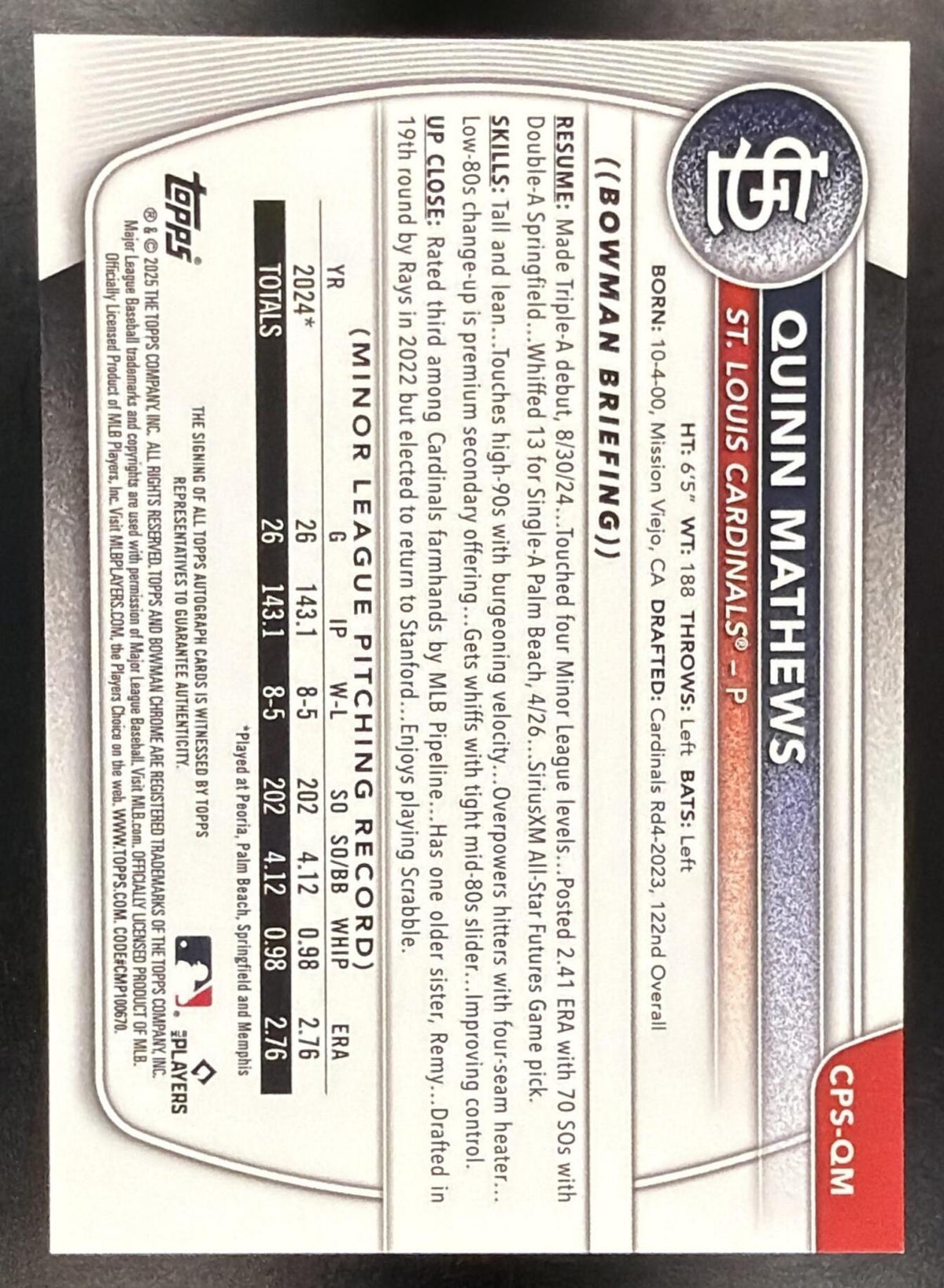 2025 Bowman Sapphire Quinn Mathews #CPS-QM Chrome Auto Green Refractor /99 1st Prospect