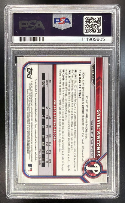 2022 Bowman Draft Gabriel Rincones #CDA-GR Chrome Pick Auto Green Refractor /99 1st Prospect PSA 10