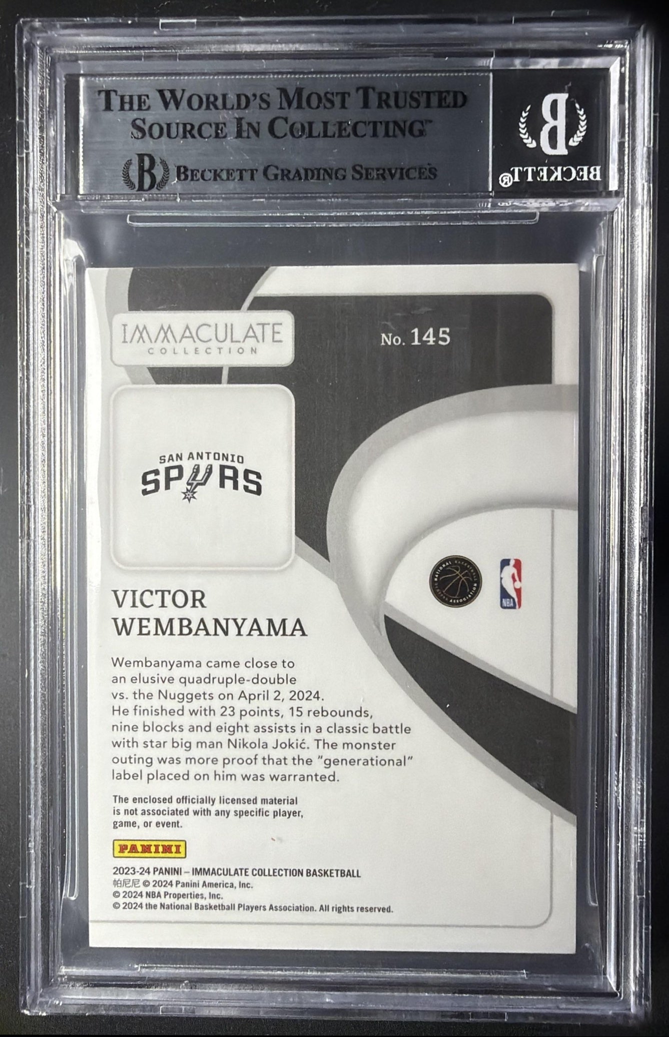 2023-24 Panini Immaculate Victor Wembanyama #145 Rookies Patches 49/99 BGS 8.5