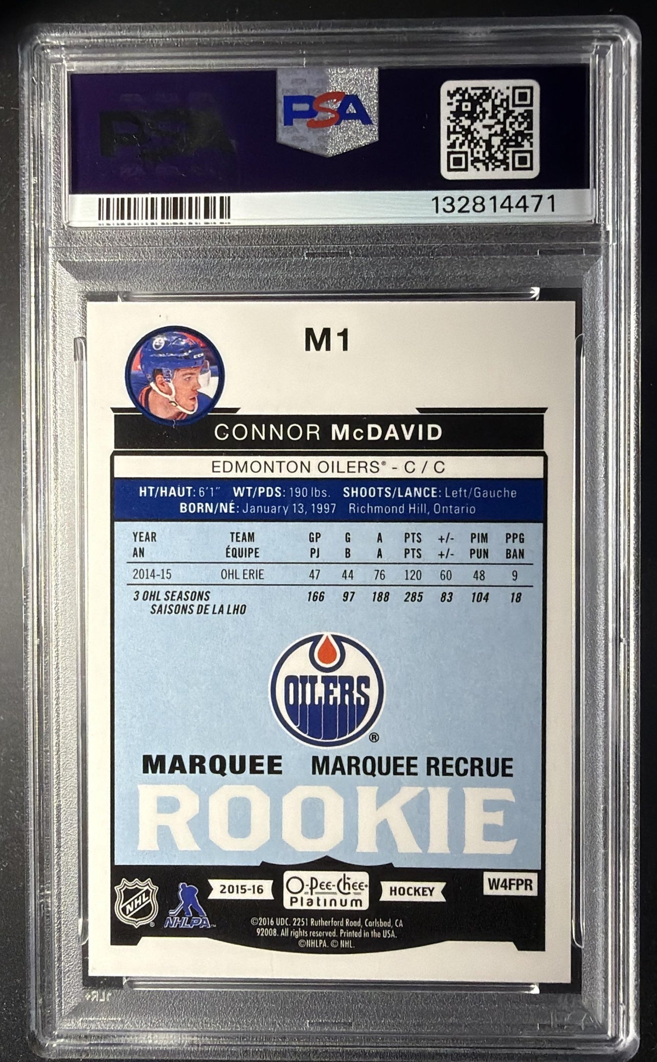 2015-16 O-Pee-Chee Platinum Connor McDavid #M1 Marquee Rookies RC PSA 10