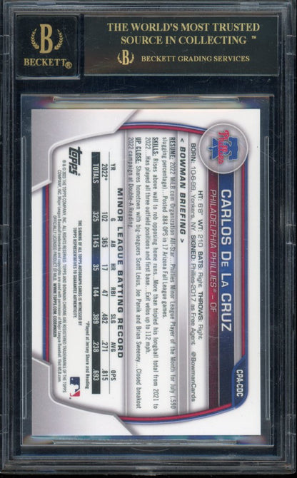 2023 Bowman Chrome Carlos De La Cruz Blue Raywave Auto /150 Black Label BGS 10