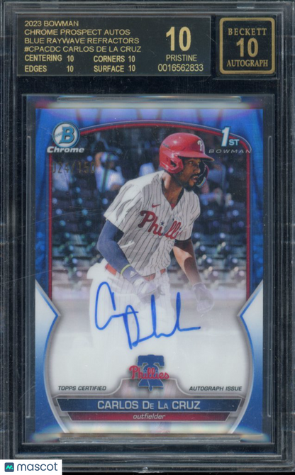 2023 Bowman Chrome Carlos De La Cruz Blue Raywave Auto /150 Black Label BGS 10