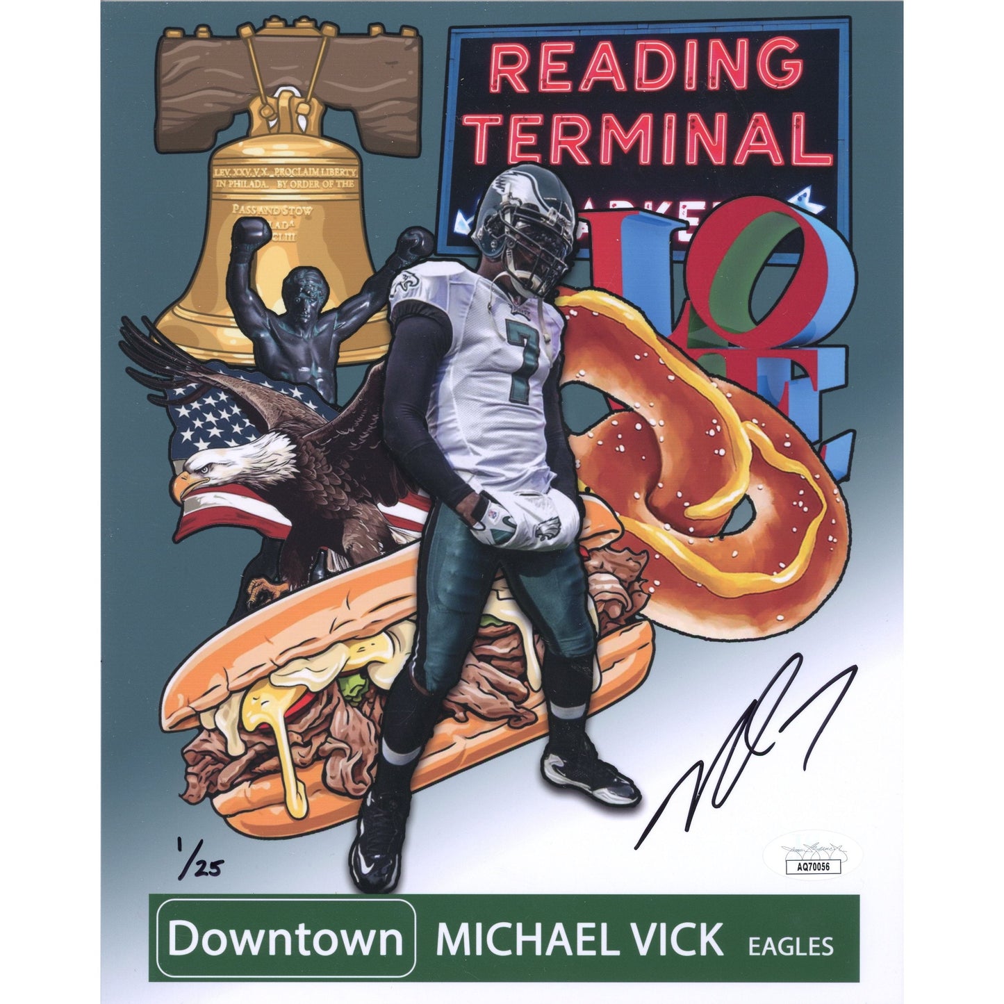 Michael Vick Autographed Phi Eagles 8x10 Downtown /25 Black Ink JSA COA