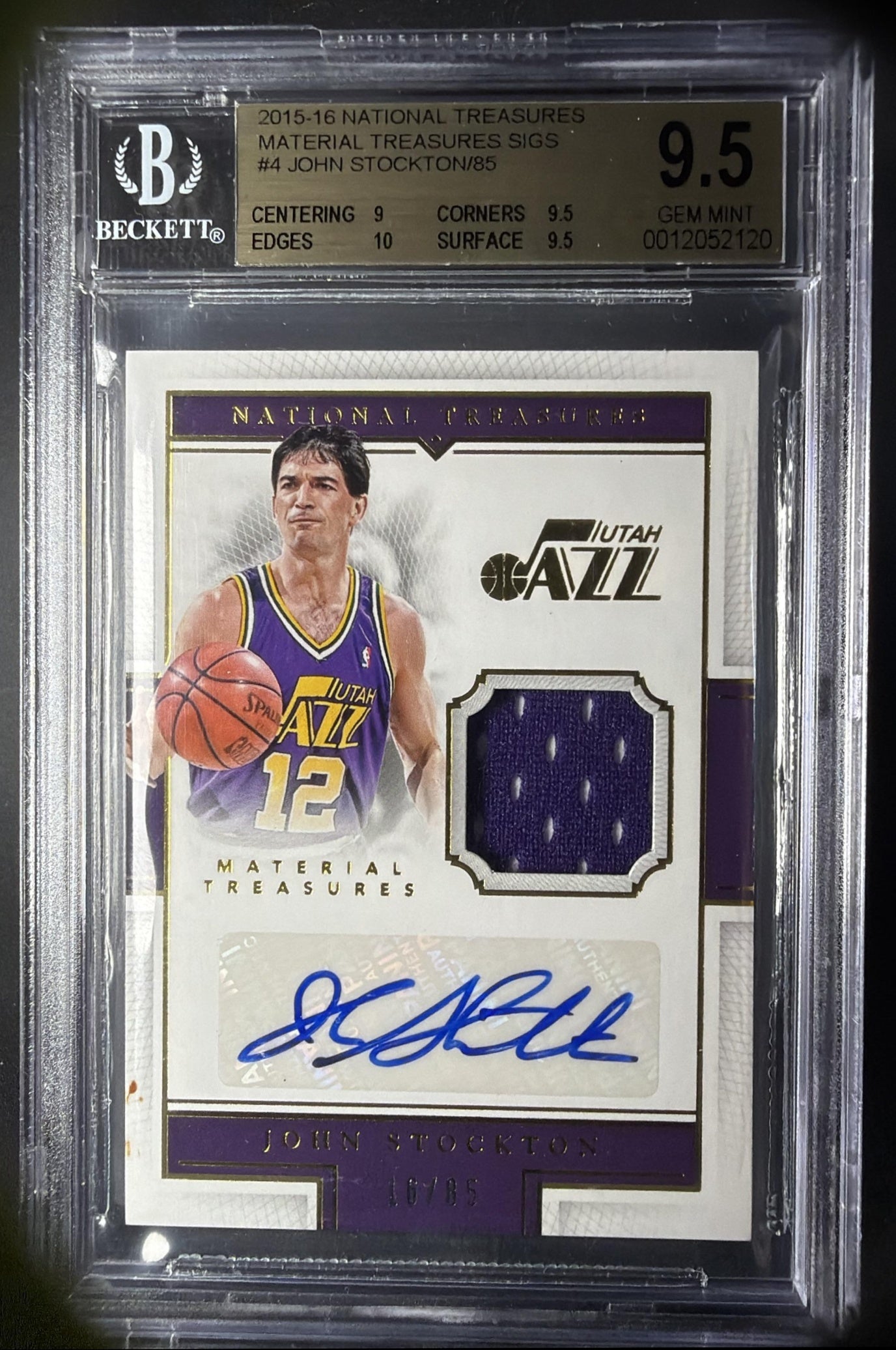 2015 Panini National Treasures John Stockton #MTS-JS Material Signatures /85 Auto BGS 9.5