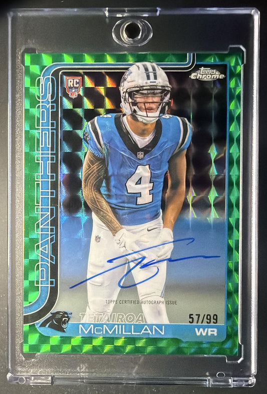 2025 Topps Chrome Tetairoa McMillan #RA-TM Rookie Auto Green Geometric Refractor /99 RC