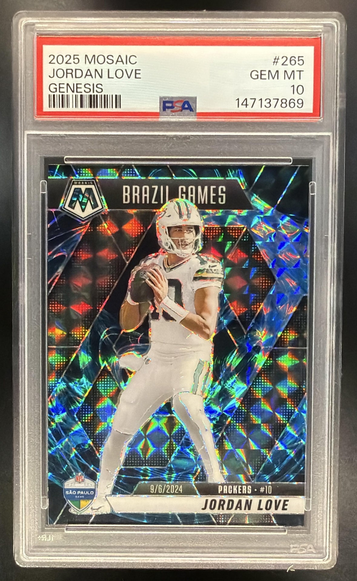 2025 Panini Mosaic Jordan Love #265 International Games Genesis Prizm PSA 10