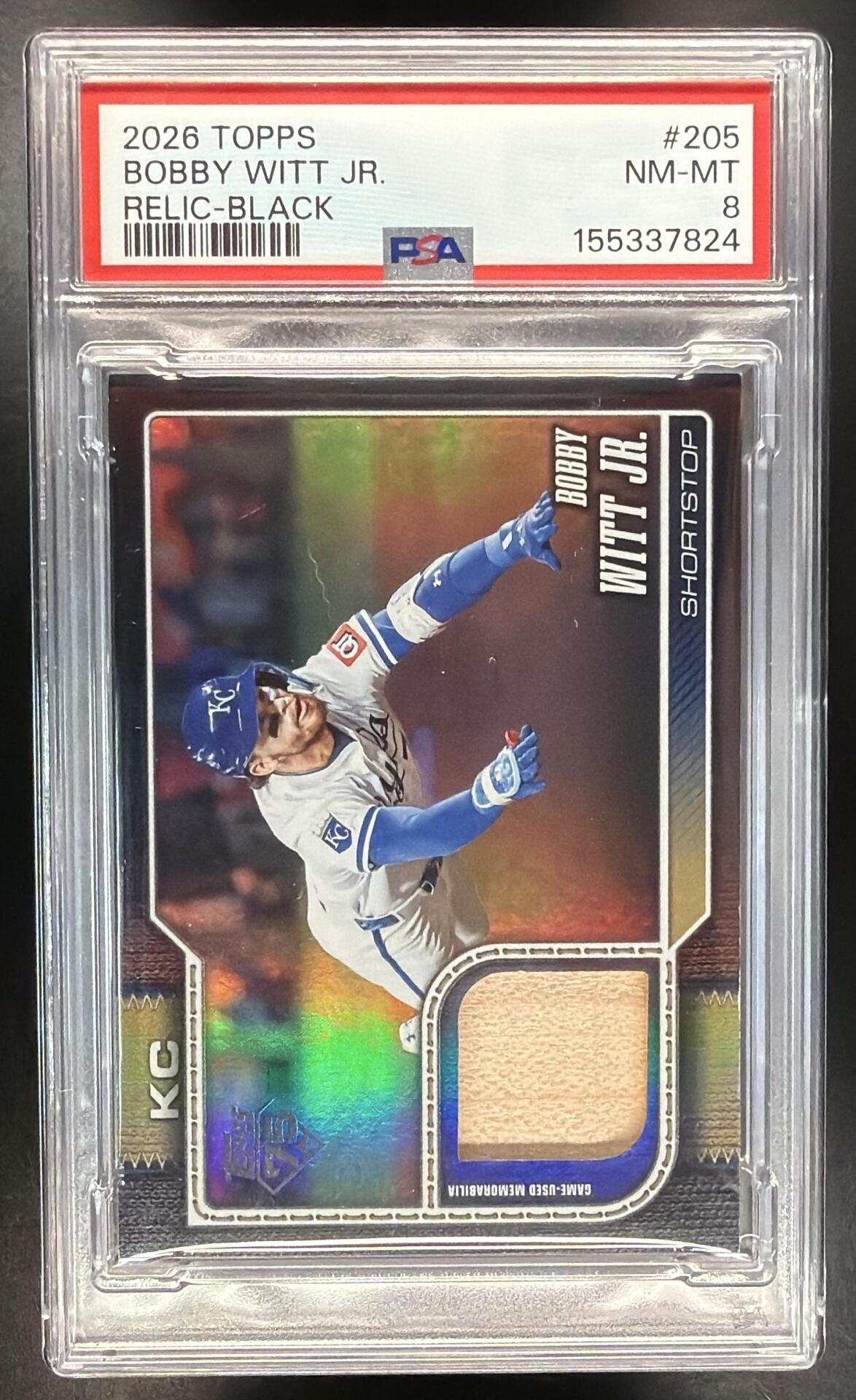 2026 Topps Series 1 Bobby Witt Jr. #205 Real One Relic Black Foil /10 Bat PSA 8