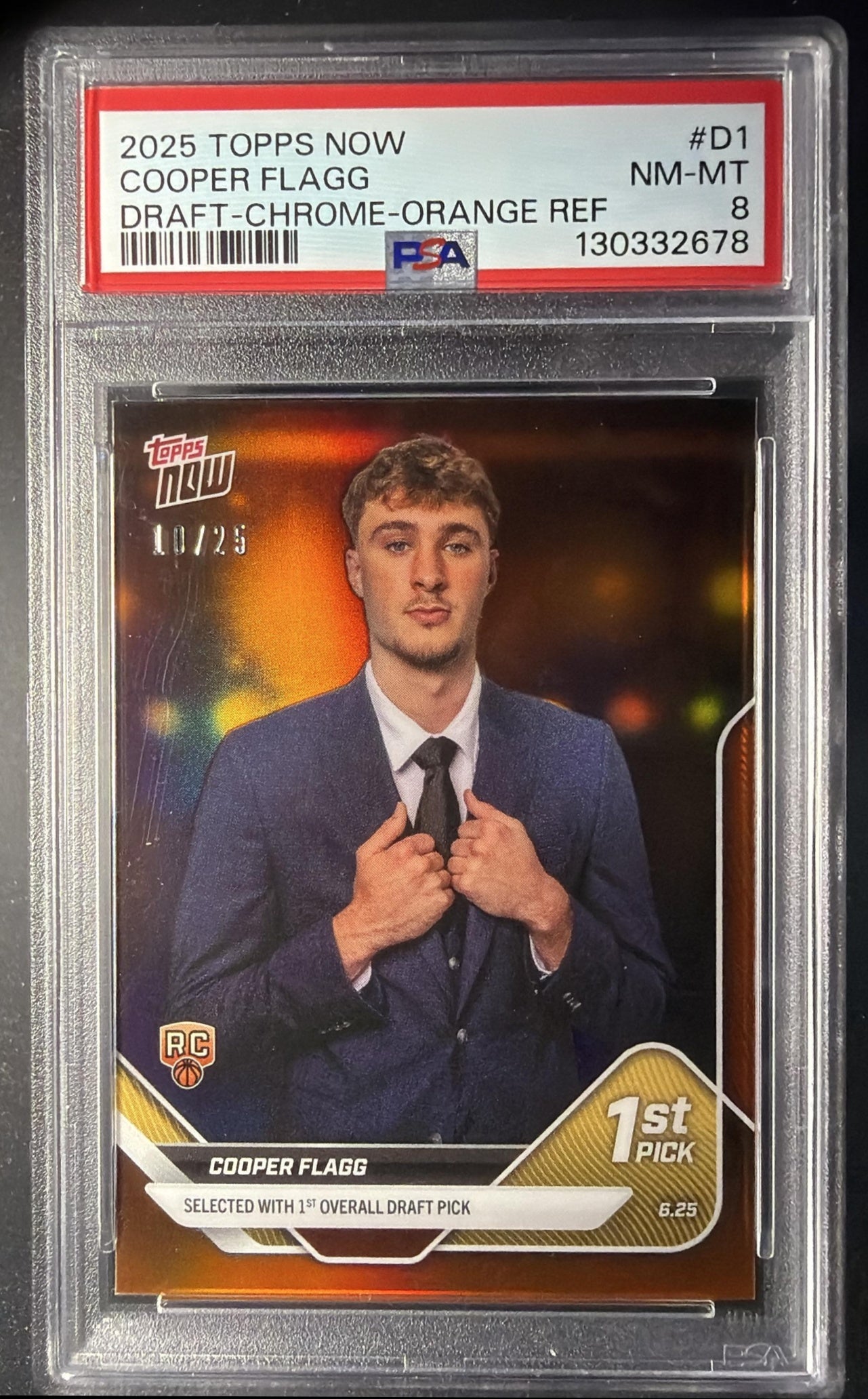 2025-26 Topps Now Cooper Flagg #D1 Orange Foil 10/25 RC PSA 8