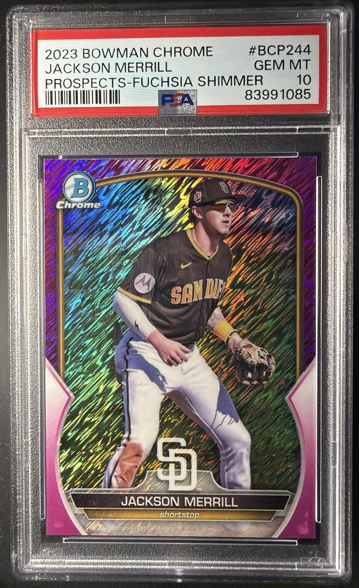 2023 Bowman Chrome Jackson Merrill #BCP-244 Prospects Pink Shimmer Refractor PSA 10