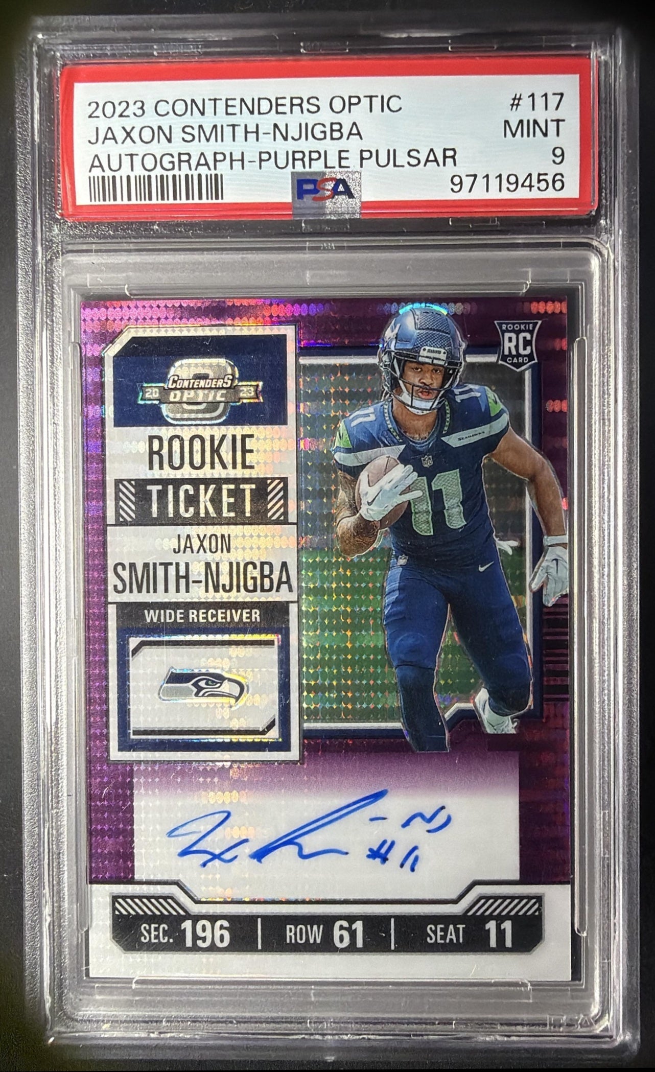 2023 Panini Contenders Optic Jaxon Smith-Njigba #117 Purple Pulsar /21 Auto RC PSA 9