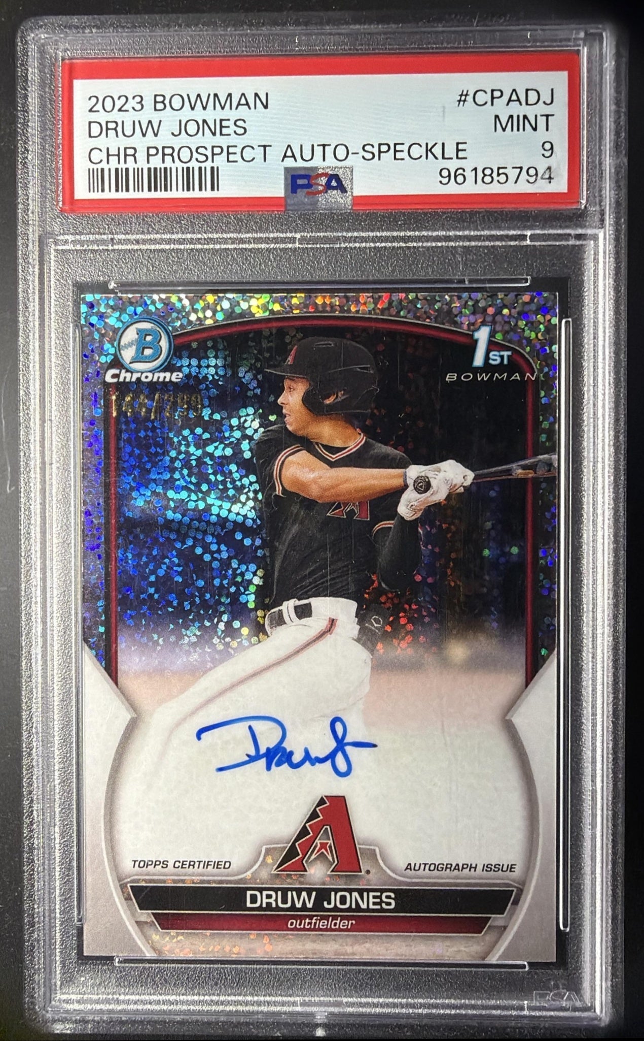 2023 Bowman Druw Jones #CPA-DJ Chrome Auto Speckle Refractor /299 1st Prospect PSA 9