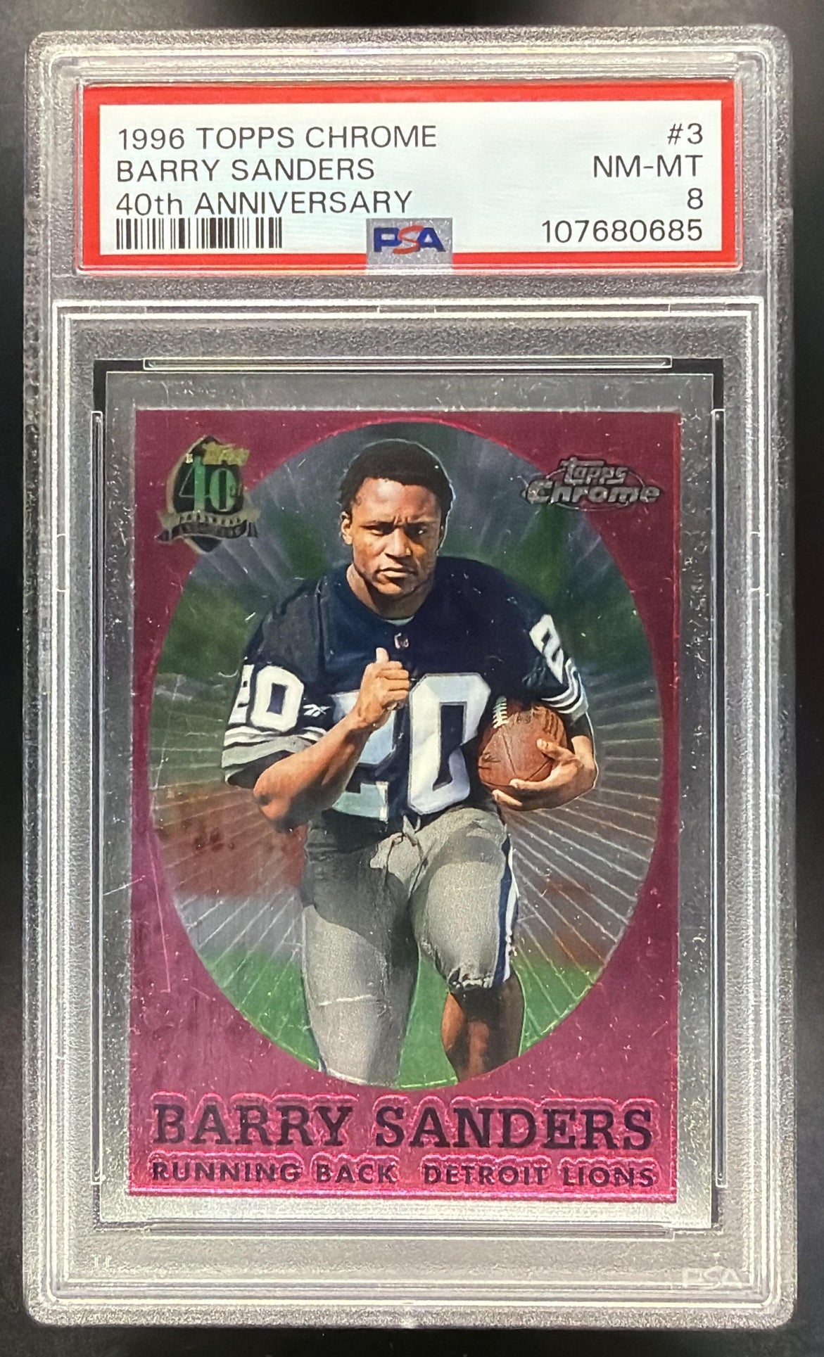 1996 Topps Chrome Barry Sanders #3 40th Anniversary Commemorative PSA 8