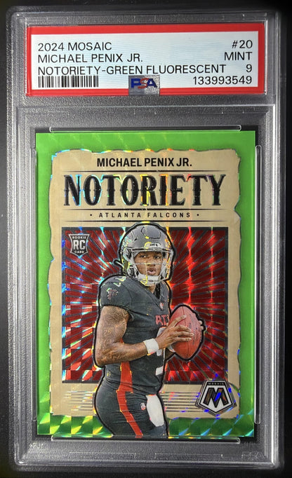 2024 Panini Mosaic Michael Penix Jr. #20 Notoriety Green Fluorescent /10 RC PSA 9