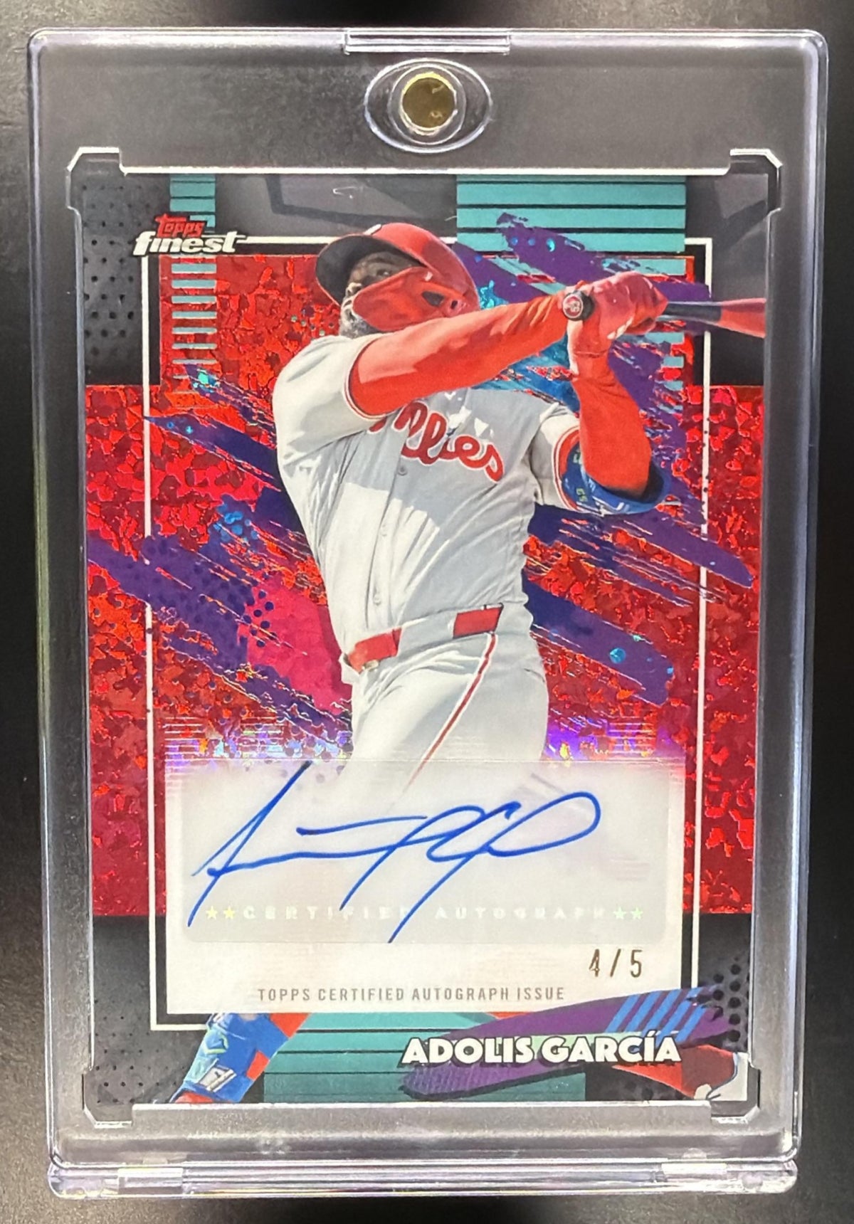 2026 Topps Finest Adolis Garcia #FMA-AG Mega Auto Red Mini-Diamond Refractor 4/5
