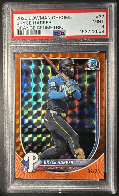 2025 Bowman Chrome Bryce Harper #37 Orange Geometric Refractor 2/25 PSA 9