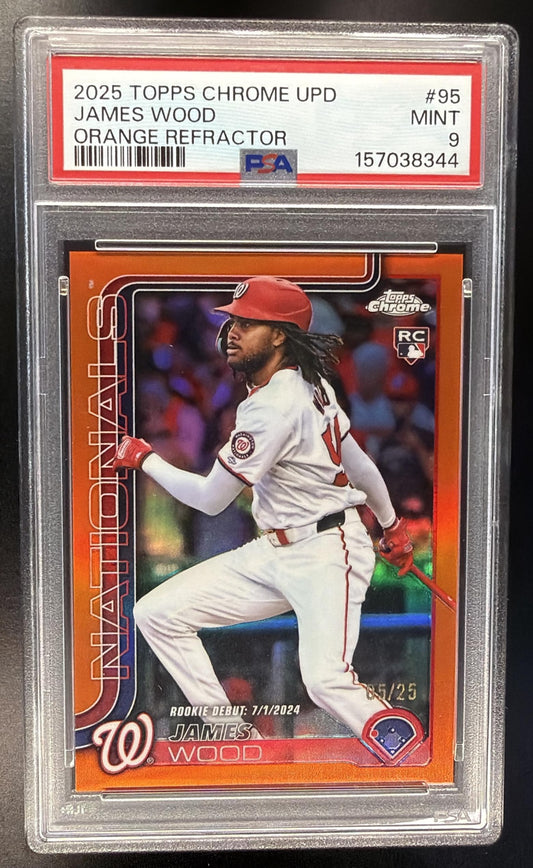 2025 Topps Chrome Update James Wood #USC95 Orange Refractor 5/25 RC PSA 9