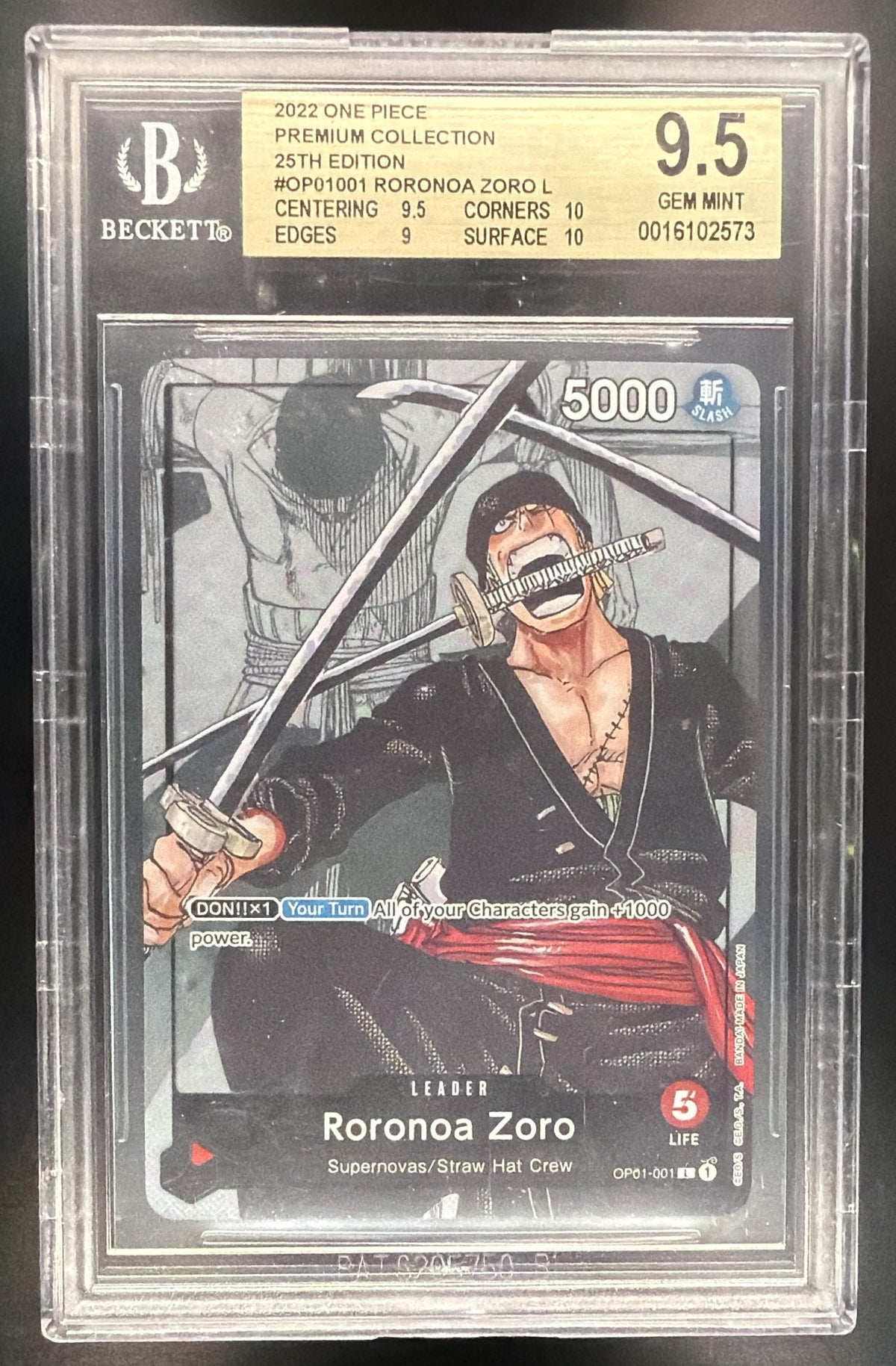 2022 One Piece Premium Collection Roronoa Zoro OP01001 BGS 9.5