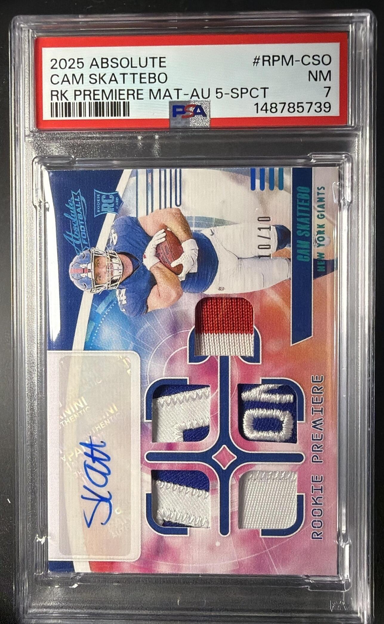 2025 Panini Absolute Cam Skattebo #RPM-CSO Rookie Patch Auto /10 RC Auto PSA 7